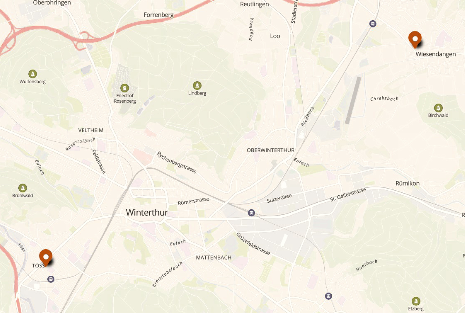 Karte mit den Kursorten in Winterthur-Töss und Wiesendangen
